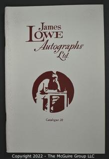 Lot 20.  James Lowe.  24 items.  Catalogs 4, 6, 17-28, 30-36; spring 1971 catalog; and two catalog supplements.  1970s-1980s.  Operating out of New York, Lowe is listed in the 1976 Manuscript Society membership directory and in his catalog he notes that he is a member.  There is a James Lowe, LTD autographs internet site.   One internet site listed his spring 1971 catalog supplement and catalogs 3 and 18 for $75.  