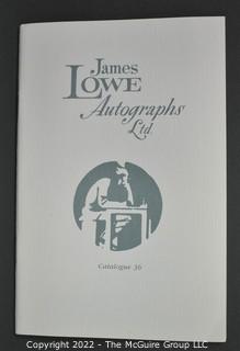 Lot 20.  James Lowe.  24 items.  Catalogs 4, 6, 17-28, 30-36; spring 1971 catalog; and two catalog supplements.  1970s-1980s.  Operating out of New York, Lowe is listed in the 1976 Manuscript Society membership directory and in his catalog he notes that he is a member.  There is a James Lowe, LTD autographs internet site.   One internet site listed his spring 1971 catalog supplement and catalogs 3 and 18 for $75.  