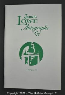 Lot 20.  James Lowe.  24 items.  Catalogs 4, 6, 17-28, 30-36; spring 1971 catalog; and two catalog supplements.  1970s-1980s.  Operating out of New York, Lowe is listed in the 1976 Manuscript Society membership directory and in his catalog he notes that he is a member.  There is a James Lowe, LTD autographs internet site.   One internet site listed his spring 1971 catalog supplement and catalogs 3 and 18 for $75.  