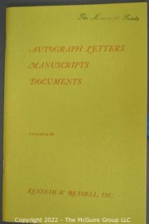 Lot 25.  The Rendells, Inc. and Kenneth Rendell Gallery  

Lists. 15 items.  Nos. 1, 3-10, 12-13, 15-18.  Undated, likely 1970s.  Consist of 8.5” x 14” sheets of paper stapled at upper left and folded in half.

Catalogs (numbered). 160 items.  Nos. 1, 3, 4-10, 12, 14, 16-130, 132-156, 158-164, 169 and 197.  Catalog 1 is from 1959 (according to his website) and catalog 197 from 1991 (from copyright designation in the catalog). Early catalogs are 8.5”x11” paper sheets stapled at upper left.  

In 1981 two catalogs were issued, without catalog numbers, as two volumes with the same title, namely, “The American Frontier: From the Atlantic to the Pacific.”  These can be found listed on Amazon, eBay and other sites for anywhere from $10 to $40.

In 1982 three catalogs were issued, without catalog numbers, in three volumes with the same title, namely, “The History of Mankind.”

Kenneth W. Rendell Gallery.  10 items.  Nos. 300-305, 307-310.  Catalogs are not dated.  An internet search on August