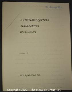 Lot 25.  The Rendells, Inc. and Kenneth Rendell Gallery  

Lists. 15 items.  Nos. 1, 3-10, 12-13, 15-18.  Undated, likely 1970s.  Consist of 8.5” x 14” sheets of paper stapled at upper left and folded in half.

Catalogs (numbered). 160 items.  Nos. 1, 3, 4-10, 12, 14, 16-130, 132-156, 158-164, 169 and 197.  Catalog 1 is from 1959 (according to his website) and catalog 197 from 1991 (from copyright designation in the catalog). Early catalogs are 8.5”x11” paper sheets stapled at upper left.  

In 1981 two catalogs were issued, without catalog numbers, as two volumes with the same title, namely, “The American Frontier: From the Atlantic to the Pacific.”  These can be found listed on Amazon, eBay and other sites for anywhere from $10 to $40.

In 1982 three catalogs were issued, without catalog numbers, in three volumes with the same title, namely, “The History of Mankind.”

Kenneth W. Rendell Gallery.  10 items.  Nos. 300-305, 307-310.  Catalogs are not dated.  An internet search on August