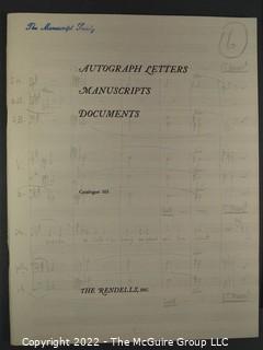 Lot 25.  The Rendells, Inc. and Kenneth Rendell Gallery  

Lists. 15 items.  Nos. 1, 3-10, 12-13, 15-18.  Undated, likely 1970s.  Consist of 8.5” x 14” sheets of paper stapled at upper left and folded in half.

Catalogs (numbered). 160 items.  Nos. 1, 3, 4-10, 12, 14, 16-130, 132-156, 158-164, 169 and 197.  Catalog 1 is from 1959 (according to his website) and catalog 197 from 1991 (from copyright designation in the catalog). Early catalogs are 8.5”x11” paper sheets stapled at upper left.  

In 1981 two catalogs were issued, without catalog numbers, as two volumes with the same title, namely, “The American Frontier: From the Atlantic to the Pacific.”  These can be found listed on Amazon, eBay and other sites for anywhere from $10 to $40.

In 1982 three catalogs were issued, without catalog numbers, in three volumes with the same title, namely, “The History of Mankind.”

Kenneth W. Rendell Gallery.  10 items.  Nos. 300-305, 307-310.  Catalogs are not dated.  An internet search on August