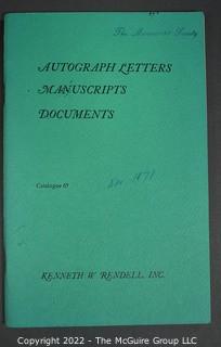 Lot 25.  The Rendells, Inc. and Kenneth Rendell Gallery  

Lists. 15 items.  Nos. 1, 3-10, 12-13, 15-18.  Undated, likely 1970s.  Consist of 8.5” x 14” sheets of paper stapled at upper left and folded in half.

Catalogs (numbered). 160 items.  Nos. 1, 3, 4-10, 12, 14, 16-130, 132-156, 158-164, 169 and 197.  Catalog 1 is from 1959 (according to his website) and catalog 197 from 1991 (from copyright designation in the catalog). Early catalogs are 8.5”x11” paper sheets stapled at upper left.  

In 1981 two catalogs were issued, without catalog numbers, as two volumes with the same title, namely, “The American Frontier: From the Atlantic to the Pacific.”  These can be found listed on Amazon, eBay and other sites for anywhere from $10 to $40.

In 1982 three catalogs were issued, without catalog numbers, in three volumes with the same title, namely, “The History of Mankind.”

Kenneth W. Rendell Gallery.  10 items.  Nos. 300-305, 307-310.  Catalogs are not dated.  An internet search on August