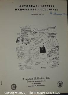 Lot 25.  The Rendells, Inc. and Kenneth Rendell Gallery  

Lists. 15 items.  Nos. 1, 3-10, 12-13, 15-18.  Undated, likely 1970s.  Consist of 8.5” x 14” sheets of paper stapled at upper left and folded in half.

Catalogs (numbered). 160 items.  Nos. 1, 3, 4-10, 12, 14, 16-130, 132-156, 158-164, 169 and 197.  Catalog 1 is from 1959 (according to his website) and catalog 197 from 1991 (from copyright designation in the catalog). Early catalogs are 8.5”x11” paper sheets stapled at upper left.  

In 1981 two catalogs were issued, without catalog numbers, as two volumes with the same title, namely, “The American Frontier: From the Atlantic to the Pacific.”  These can be found listed on Amazon, eBay and other sites for anywhere from $10 to $40.

In 1982 three catalogs were issued, without catalog numbers, in three volumes with the same title, namely, “The History of Mankind.”

Kenneth W. Rendell Gallery.  10 items.  Nos. 300-305, 307-310.  Catalogs are not dated.  An internet search on August