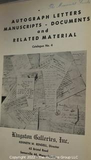 Lot 25.  The Rendells, Inc. and Kenneth Rendell Gallery  

Lists. 15 items.  Nos. 1, 3-10, 12-13, 15-18.  Undated, likely 1970s.  Consist of 8.5” x 14” sheets of paper stapled at upper left and folded in half.

Catalogs (numbered). 160 items.  Nos. 1, 3, 4-10, 12, 14, 16-130, 132-156, 158-164, 169 and 197.  Catalog 1 is from 1959 (according to his website) and catalog 197 from 1991 (from copyright designation in the catalog). Early catalogs are 8.5”x11” paper sheets stapled at upper left.  

In 1981 two catalogs were issued, without catalog numbers, as two volumes with the same title, namely, “The American Frontier: From the Atlantic to the Pacific.”  These can be found listed on Amazon, eBay and other sites for anywhere from $10 to $40.

In 1982 three catalogs were issued, without catalog numbers, in three volumes with the same title, namely, “The History of Mankind.”

Kenneth W. Rendell Gallery.  10 items.  Nos. 300-305, 307-310.  Catalogs are not dated.  An internet search on August