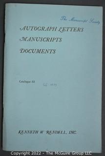 Lot 25.  The Rendells, Inc. and Kenneth Rendell Gallery  

Lists. 15 items.  Nos. 1, 3-10, 12-13, 15-18.  Undated, likely 1970s.  Consist of 8.5” x 14” sheets of paper stapled at upper left and folded in half.

Catalogs (numbered). 160 items.  Nos. 1, 3, 4-10, 12, 14, 16-130, 132-156, 158-164, 169 and 197.  Catalog 1 is from 1959 (according to his website) and catalog 197 from 1991 (from copyright designation in the catalog). Early catalogs are 8.5”x11” paper sheets stapled at upper left.  

In 1981 two catalogs were issued, without catalog numbers, as two volumes with the same title, namely, “The American Frontier: From the Atlantic to the Pacific.”  These can be found listed on Amazon, eBay and other sites for anywhere from $10 to $40.

In 1982 three catalogs were issued, without catalog numbers, in three volumes with the same title, namely, “The History of Mankind.”

Kenneth W. Rendell Gallery.  10 items.  Nos. 300-305, 307-310.  Catalogs are not dated.  An internet search on August