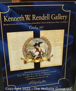 Lot 25.  The Rendells, Inc. and Kenneth Rendell Gallery  

Lists. 15 items.  Nos. 1, 3-10, 12-13, 15-18.  Undated, likely 1970s.  Consist of 8.5” x 14” sheets of paper stapled at upper left and folded in half.

Catalogs (numbered). 160 items.  Nos. 1, 3, 4-10, 12, 14, 16-130, 132-156, 158-164, 169 and 197.  Catalog 1 is from 1959 (according to his website) and catalog 197 from 1991 (from copyright designation in the catalog). Early catalogs are 8.5”x11” paper sheets stapled at upper left.  

In 1981 two catalogs were issued, without catalog numbers, as two volumes with the same title, namely, “The American Frontier: From the Atlantic to the Pacific.”  These can be found listed on Amazon, eBay and other sites for anywhere from $10 to $40.

In 1982 three catalogs were issued, without catalog numbers, in three volumes with the same title, namely, “The History of Mankind.”

Kenneth W. Rendell Gallery.  10 items.  Nos. 300-305, 307-310.  Catalogs are not dated.  An internet search on August