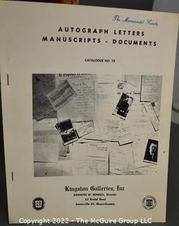 Lot 25.  The Rendells, Inc. and Kenneth Rendell Gallery  

Lists. 15 items.  Nos. 1, 3-10, 12-13, 15-18.  Undated, likely 1970s.  Consist of 8.5” x 14” sheets of paper stapled at upper left and folded in half.

Catalogs (numbered). 160 items.  Nos. 1, 3, 4-10, 12, 14, 16-130, 132-156, 158-164, 169 and 197.  Catalog 1 is from 1959 (according to his website) and catalog 197 from 1991 (from copyright designation in the catalog). Early catalogs are 8.5”x11” paper sheets stapled at upper left.  

In 1981 two catalogs were issued, without catalog numbers, as two volumes with the same title, namely, “The American Frontier: From the Atlantic to the Pacific.”  These can be found listed on Amazon, eBay and other sites for anywhere from $10 to $40.

In 1982 three catalogs were issued, without catalog numbers, in three volumes with the same title, namely, “The History of Mankind.”

Kenneth W. Rendell Gallery.  10 items.  Nos. 300-305, 307-310.  Catalogs are not dated.  An internet search on August