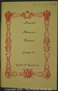 Lot 25.  The Rendells, Inc. and Kenneth Rendell Gallery  

Lists. 15 items.  Nos. 1, 3-10, 12-13, 15-18.  Undated, likely 1970s.  Consist of 8.5” x 14” sheets of paper stapled at upper left and folded in half.

Catalogs (numbered). 160 items.  Nos. 1, 3, 4-10, 12, 14, 16-130, 132-156, 158-164, 169 and 197.  Catalog 1 is from 1959 (according to his website) and catalog 197 from 1991 (from copyright designation in the catalog). Early catalogs are 8.5”x11” paper sheets stapled at upper left.  

In 1981 two catalogs were issued, without catalog numbers, as two volumes with the same title, namely, “The American Frontier: From the Atlantic to the Pacific.”  These can be found listed on Amazon, eBay and other sites for anywhere from $10 to $40.

In 1982 three catalogs were issued, without catalog numbers, in three volumes with the same title, namely, “The History of Mankind.”

Kenneth W. Rendell Gallery.  10 items.  Nos. 300-305, 307-310.  Catalogs are not dated.  An internet search on August