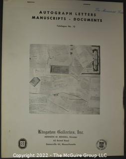 Lot 25.  The Rendells, Inc. and Kenneth Rendell Gallery  

Lists. 15 items.  Nos. 1, 3-10, 12-13, 15-18.  Undated, likely 1970s.  Consist of 8.5” x 14” sheets of paper stapled at upper left and folded in half.

Catalogs (numbered). 160 items.  Nos. 1, 3, 4-10, 12, 14, 16-130, 132-156, 158-164, 169 and 197.  Catalog 1 is from 1959 (according to his website) and catalog 197 from 1991 (from copyright designation in the catalog). Early catalogs are 8.5”x11” paper sheets stapled at upper left.  

In 1981 two catalogs were issued, without catalog numbers, as two volumes with the same title, namely, “The American Frontier: From the Atlantic to the Pacific.”  These can be found listed on Amazon, eBay and other sites for anywhere from $10 to $40.

In 1982 three catalogs were issued, without catalog numbers, in three volumes with the same title, namely, “The History of Mankind.”

Kenneth W. Rendell Gallery.  10 items.  Nos. 300-305, 307-310.  Catalogs are not dated.  An internet search on August