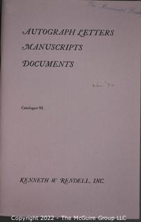 Lot 25.  The Rendells, Inc. and Kenneth Rendell Gallery  

Lists. 15 items.  Nos. 1, 3-10, 12-13, 15-18.  Undated, likely 1970s.  Consist of 8.5” x 14” sheets of paper stapled at upper left and folded in half.

Catalogs (numbered). 160 items.  Nos. 1, 3, 4-10, 12, 14, 16-130, 132-156, 158-164, 169 and 197.  Catalog 1 is from 1959 (according to his website) and catalog 197 from 1991 (from copyright designation in the catalog). Early catalogs are 8.5”x11” paper sheets stapled at upper left.  

In 1981 two catalogs were issued, without catalog numbers, as two volumes with the same title, namely, “The American Frontier: From the Atlantic to the Pacific.”  These can be found listed on Amazon, eBay and other sites for anywhere from $10 to $40.

In 1982 three catalogs were issued, without catalog numbers, in three volumes with the same title, namely, “The History of Mankind.”

Kenneth W. Rendell Gallery.  10 items.  Nos. 300-305, 307-310.  Catalogs are not dated.  An internet search on August