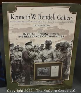 Lot 25.  The Rendells, Inc. and Kenneth Rendell Gallery  

Lists. 15 items.  Nos. 1, 3-10, 12-13, 15-18.  Undated, likely 1970s.  Consist of 8.5” x 14” sheets of paper stapled at upper left and folded in half.

Catalogs (numbered). 160 items.  Nos. 1, 3, 4-10, 12, 14, 16-130, 132-156, 158-164, 169 and 197.  Catalog 1 is from 1959 (according to his website) and catalog 197 from 1991 (from copyright designation in the catalog). Early catalogs are 8.5”x11” paper sheets stapled at upper left.  

In 1981 two catalogs were issued, without catalog numbers, as two volumes with the same title, namely, “The American Frontier: From the Atlantic to the Pacific.”  These can be found listed on Amazon, eBay and other sites for anywhere from $10 to $40.

In 1982 three catalogs were issued, without catalog numbers, in three volumes with the same title, namely, “The History of Mankind.”

Kenneth W. Rendell Gallery.  10 items.  Nos. 300-305, 307-310.  Catalogs are not dated.  An internet search on August