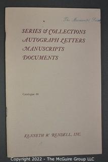Lot 25.  The Rendells, Inc. and Kenneth Rendell Gallery  

Lists. 15 items.  Nos. 1, 3-10, 12-13, 15-18.  Undated, likely 1970s.  Consist of 8.5” x 14” sheets of paper stapled at upper left and folded in half.

Catalogs (numbered). 160 items.  Nos. 1, 3, 4-10, 12, 14, 16-130, 132-156, 158-164, 169 and 197.  Catalog 1 is from 1959 (according to his website) and catalog 197 from 1991 (from copyright designation in the catalog). Early catalogs are 8.5”x11” paper sheets stapled at upper left.  

In 1981 two catalogs were issued, without catalog numbers, as two volumes with the same title, namely, “The American Frontier: From the Atlantic to the Pacific.”  These can be found listed on Amazon, eBay and other sites for anywhere from $10 to $40.

In 1982 three catalogs were issued, without catalog numbers, in three volumes with the same title, namely, “The History of Mankind.”

Kenneth W. Rendell Gallery.  10 items.  Nos. 300-305, 307-310.  Catalogs are not dated.  An internet search on August