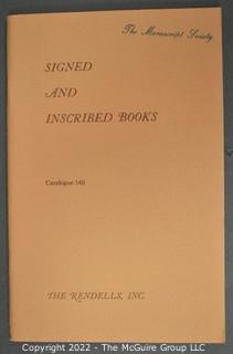 Lot 25.  The Rendells, Inc. and Kenneth Rendell Gallery  

Lists. 15 items.  Nos. 1, 3-10, 12-13, 15-18.  Undated, likely 1970s.  Consist of 8.5” x 14” sheets of paper stapled at upper left and folded in half.

Catalogs (numbered). 160 items.  Nos. 1, 3, 4-10, 12, 14, 16-130, 132-156, 158-164, 169 and 197.  Catalog 1 is from 1959 (according to his website) and catalog 197 from 1991 (from copyright designation in the catalog). Early catalogs are 8.5”x11” paper sheets stapled at upper left.  

In 1981 two catalogs were issued, without catalog numbers, as two volumes with the same title, namely, “The American Frontier: From the Atlantic to the Pacific.”  These can be found listed on Amazon, eBay and other sites for anywhere from $10 to $40.

In 1982 three catalogs were issued, without catalog numbers, in three volumes with the same title, namely, “The History of Mankind.”

Kenneth W. Rendell Gallery.  10 items.  Nos. 300-305, 307-310.  Catalogs are not dated.  An internet search on August
