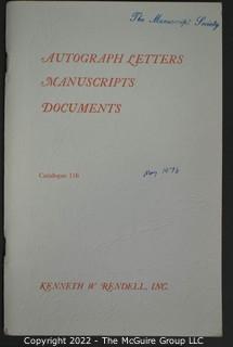 Lot 25.  The Rendells, Inc. and Kenneth Rendell Gallery  

Lists. 15 items.  Nos. 1, 3-10, 12-13, 15-18.  Undated, likely 1970s.  Consist of 8.5” x 14” sheets of paper stapled at upper left and folded in half.

Catalogs (numbered). 160 items.  Nos. 1, 3, 4-10, 12, 14, 16-130, 132-156, 158-164, 169 and 197.  Catalog 1 is from 1959 (according to his website) and catalog 197 from 1991 (from copyright designation in the catalog). Early catalogs are 8.5”x11” paper sheets stapled at upper left.  

In 1981 two catalogs were issued, without catalog numbers, as two volumes with the same title, namely, “The American Frontier: From the Atlantic to the Pacific.”  These can be found listed on Amazon, eBay and other sites for anywhere from $10 to $40.

In 1982 three catalogs were issued, without catalog numbers, in three volumes with the same title, namely, “The History of Mankind.”

Kenneth W. Rendell Gallery.  10 items.  Nos. 300-305, 307-310.  Catalogs are not dated.  An internet search on August