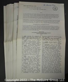 Lot 25.  The Rendells, Inc. and Kenneth Rendell Gallery  

Lists. 15 items.  Nos. 1, 3-10, 12-13, 15-18.  Undated, likely 1970s.  Consist of 8.5” x 14” sheets of paper stapled at upper left and folded in half.

Catalogs (numbered). 160 items.  Nos. 1, 3, 4-10, 12, 14, 16-130, 132-156, 158-164, 169 and 197.  Catalog 1 is from 1959 (according to his website) and catalog 197 from 1991 (from copyright designation in the catalog). Early catalogs are 8.5”x11” paper sheets stapled at upper left.  

In 1981 two catalogs were issued, without catalog numbers, as two volumes with the same title, namely, “The American Frontier: From the Atlantic to the Pacific.”  These can be found listed on Amazon, eBay and other sites for anywhere from $10 to $40.

In 1982 three catalogs were issued, without catalog numbers, in three volumes with the same title, namely, “The History of Mankind.”

Kenneth W. Rendell Gallery.  10 items.  Nos. 300-305, 307-310.  Catalogs are not dated.  An internet search on August