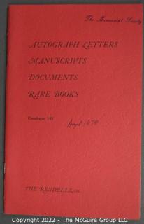 Lot 25.  The Rendells, Inc. and Kenneth Rendell Gallery  

Lists. 15 items.  Nos. 1, 3-10, 12-13, 15-18.  Undated, likely 1970s.  Consist of 8.5” x 14” sheets of paper stapled at upper left and folded in half.

Catalogs (numbered). 160 items.  Nos. 1, 3, 4-10, 12, 14, 16-130, 132-156, 158-164, 169 and 197.  Catalog 1 is from 1959 (according to his website) and catalog 197 from 1991 (from copyright designation in the catalog). Early catalogs are 8.5”x11” paper sheets stapled at upper left.  

In 1981 two catalogs were issued, without catalog numbers, as two volumes with the same title, namely, “The American Frontier: From the Atlantic to the Pacific.”  These can be found listed on Amazon, eBay and other sites for anywhere from $10 to $40.

In 1982 three catalogs were issued, without catalog numbers, in three volumes with the same title, namely, “The History of Mankind.”

Kenneth W. Rendell Gallery.  10 items.  Nos. 300-305, 307-310.  Catalogs are not dated.  An internet search on August
