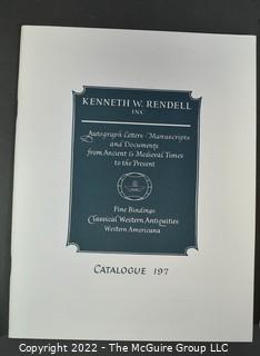 Lot 25.  The Rendells, Inc. and Kenneth Rendell Gallery  

Lists. 15 items.  Nos. 1, 3-10, 12-13, 15-18.  Undated, likely 1970s.  Consist of 8.5” x 14” sheets of paper stapled at upper left and folded in half.

Catalogs (numbered). 160 items.  Nos. 1, 3, 4-10, 12, 14, 16-130, 132-156, 158-164, 169 and 197.  Catalog 1 is from 1959 (according to his website) and catalog 197 from 1991 (from copyright designation in the catalog). Early catalogs are 8.5”x11” paper sheets stapled at upper left.  

In 1981 two catalogs were issued, without catalog numbers, as two volumes with the same title, namely, “The American Frontier: From the Atlantic to the Pacific.”  These can be found listed on Amazon, eBay and other sites for anywhere from $10 to $40.

In 1982 three catalogs were issued, without catalog numbers, in three volumes with the same title, namely, “The History of Mankind.”

Kenneth W. Rendell Gallery.  10 items.  Nos. 300-305, 307-310.  Catalogs are not dated.  An internet search on August