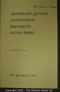 Lot 25.  The Rendells, Inc. and Kenneth Rendell Gallery  

Lists. 15 items.  Nos. 1, 3-10, 12-13, 15-18.  Undated, likely 1970s.  Consist of 8.5” x 14” sheets of paper stapled at upper left and folded in half.

Catalogs (numbered). 160 items.  Nos. 1, 3, 4-10, 12, 14, 16-130, 132-156, 158-164, 169 and 197.  Catalog 1 is from 1959 (according to his website) and catalog 197 from 1991 (from copyright designation in the catalog). Early catalogs are 8.5”x11” paper sheets stapled at upper left.  

In 1981 two catalogs were issued, without catalog numbers, as two volumes with the same title, namely, “The American Frontier: From the Atlantic to the Pacific.”  These can be found listed on Amazon, eBay and other sites for anywhere from $10 to $40.

In 1982 three catalogs were issued, without catalog numbers, in three volumes with the same title, namely, “The History of Mankind.”

Kenneth W. Rendell Gallery.  10 items.  Nos. 300-305, 307-310.  Catalogs are not dated.  An internet search on August