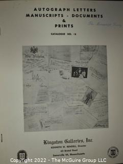 Lot 25.  The Rendells, Inc. and Kenneth Rendell Gallery  

Lists. 15 items.  Nos. 1, 3-10, 12-13, 15-18.  Undated, likely 1970s.  Consist of 8.5” x 14” sheets of paper stapled at upper left and folded in half.

Catalogs (numbered). 160 items.  Nos. 1, 3, 4-10, 12, 14, 16-130, 132-156, 158-164, 169 and 197.  Catalog 1 is from 1959 (according to his website) and catalog 197 from 1991 (from copyright designation in the catalog). Early catalogs are 8.5”x11” paper sheets stapled at upper left.  

In 1981 two catalogs were issued, without catalog numbers, as two volumes with the same title, namely, “The American Frontier: From the Atlantic to the Pacific.”  These can be found listed on Amazon, eBay and other sites for anywhere from $10 to $40.

In 1982 three catalogs were issued, without catalog numbers, in three volumes with the same title, namely, “The History of Mankind.”

Kenneth W. Rendell Gallery.  10 items.  Nos. 300-305, 307-310.  Catalogs are not dated.  An internet search on August