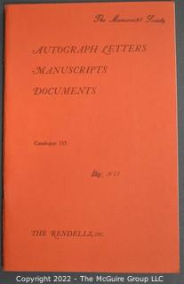 Lot 25.  The Rendells, Inc. and Kenneth Rendell Gallery  

Lists. 15 items.  Nos. 1, 3-10, 12-13, 15-18.  Undated, likely 1970s.  Consist of 8.5” x 14” sheets of paper stapled at upper left and folded in half.

Catalogs (numbered). 160 items.  Nos. 1, 3, 4-10, 12, 14, 16-130, 132-156, 158-164, 169 and 197.  Catalog 1 is from 1959 (according to his website) and catalog 197 from 1991 (from copyright designation in the catalog). Early catalogs are 8.5”x11” paper sheets stapled at upper left.  

In 1981 two catalogs were issued, without catalog numbers, as two volumes with the same title, namely, “The American Frontier: From the Atlantic to the Pacific.”  These can be found listed on Amazon, eBay and other sites for anywhere from $10 to $40.

In 1982 three catalogs were issued, without catalog numbers, in three volumes with the same title, namely, “The History of Mankind.”

Kenneth W. Rendell Gallery.  10 items.  Nos. 300-305, 307-310.  Catalogs are not dated.  An internet search on August
