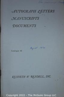 Lot 25.  The Rendells, Inc. and Kenneth Rendell Gallery  

Lists. 15 items.  Nos. 1, 3-10, 12-13, 15-18.  Undated, likely 1970s.  Consist of 8.5” x 14” sheets of paper stapled at upper left and folded in half.

Catalogs (numbered). 160 items.  Nos. 1, 3, 4-10, 12, 14, 16-130, 132-156, 158-164, 169 and 197.  Catalog 1 is from 1959 (according to his website) and catalog 197 from 1991 (from copyright designation in the catalog). Early catalogs are 8.5”x11” paper sheets stapled at upper left.  

In 1981 two catalogs were issued, without catalog numbers, as two volumes with the same title, namely, “The American Frontier: From the Atlantic to the Pacific.”  These can be found listed on Amazon, eBay and other sites for anywhere from $10 to $40.

In 1982 three catalogs were issued, without catalog numbers, in three volumes with the same title, namely, “The History of Mankind.”

Kenneth W. Rendell Gallery.  10 items.  Nos. 300-305, 307-310.  Catalogs are not dated.  An internet search on August