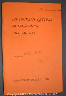 Lot 25.  The Rendells, Inc. and Kenneth Rendell Gallery  

Lists. 15 items.  Nos. 1, 3-10, 12-13, 15-18.  Undated, likely 1970s.  Consist of 8.5” x 14” sheets of paper stapled at upper left and folded in half.

Catalogs (numbered). 160 items.  Nos. 1, 3, 4-10, 12, 14, 16-130, 132-156, 158-164, 169 and 197.  Catalog 1 is from 1959 (according to his website) and catalog 197 from 1991 (from copyright designation in the catalog). Early catalogs are 8.5”x11” paper sheets stapled at upper left.  

In 1981 two catalogs were issued, without catalog numbers, as two volumes with the same title, namely, “The American Frontier: From the Atlantic to the Pacific.”  These can be found listed on Amazon, eBay and other sites for anywhere from $10 to $40.

In 1982 three catalogs were issued, without catalog numbers, in three volumes with the same title, namely, “The History of Mankind.”

Kenneth W. Rendell Gallery.  10 items.  Nos. 300-305, 307-310.  Catalogs are not dated.  An internet search on August