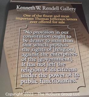 Lot 25.  The Rendells, Inc. and Kenneth Rendell Gallery  

Lists. 15 items.  Nos. 1, 3-10, 12-13, 15-18.  Undated, likely 1970s.  Consist of 8.5” x 14” sheets of paper stapled at upper left and folded in half.

Catalogs (numbered). 160 items.  Nos. 1, 3, 4-10, 12, 14, 16-130, 132-156, 158-164, 169 and 197.  Catalog 1 is from 1959 (according to his website) and catalog 197 from 1991 (from copyright designation in the catalog). Early catalogs are 8.5”x11” paper sheets stapled at upper left.  

In 1981 two catalogs were issued, without catalog numbers, as two volumes with the same title, namely, “The American Frontier: From the Atlantic to the Pacific.”  These can be found listed on Amazon, eBay and other sites for anywhere from $10 to $40.

In 1982 three catalogs were issued, without catalog numbers, in three volumes with the same title, namely, “The History of Mankind.”

Kenneth W. Rendell Gallery.  10 items.  Nos. 300-305, 307-310.  Catalogs are not dated.  An internet search on August