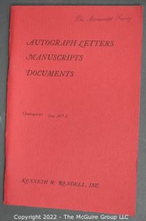 Lot 25.  The Rendells, Inc. and Kenneth Rendell Gallery  

Lists. 15 items.  Nos. 1, 3-10, 12-13, 15-18.  Undated, likely 1970s.  Consist of 8.5” x 14” sheets of paper stapled at upper left and folded in half.

Catalogs (numbered). 160 items.  Nos. 1, 3, 4-10, 12, 14, 16-130, 132-156, 158-164, 169 and 197.  Catalog 1 is from 1959 (according to his website) and catalog 197 from 1991 (from copyright designation in the catalog). Early catalogs are 8.5”x11” paper sheets stapled at upper left.  

In 1981 two catalogs were issued, without catalog numbers, as two volumes with the same title, namely, “The American Frontier: From the Atlantic to the Pacific.”  These can be found listed on Amazon, eBay and other sites for anywhere from $10 to $40.

In 1982 three catalogs were issued, without catalog numbers, in three volumes with the same title, namely, “The History of Mankind.”

Kenneth W. Rendell Gallery.  10 items.  Nos. 300-305, 307-310.  Catalogs are not dated.  An internet search on August