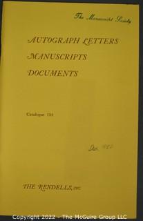 Lot 25.  The Rendells, Inc. and Kenneth Rendell Gallery  

Lists. 15 items.  Nos. 1, 3-10, 12-13, 15-18.  Undated, likely 1970s.  Consist of 8.5” x 14” sheets of paper stapled at upper left and folded in half.

Catalogs (numbered). 160 items.  Nos. 1, 3, 4-10, 12, 14, 16-130, 132-156, 158-164, 169 and 197.  Catalog 1 is from 1959 (according to his website) and catalog 197 from 1991 (from copyright designation in the catalog). Early catalogs are 8.5”x11” paper sheets stapled at upper left.  

In 1981 two catalogs were issued, without catalog numbers, as two volumes with the same title, namely, “The American Frontier: From the Atlantic to the Pacific.”  These can be found listed on Amazon, eBay and other sites for anywhere from $10 to $40.

In 1982 three catalogs were issued, without catalog numbers, in three volumes with the same title, namely, “The History of Mankind.”

Kenneth W. Rendell Gallery.  10 items.  Nos. 300-305, 307-310.  Catalogs are not dated.  An internet search on August