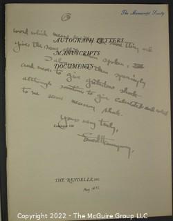 Lot 25.  The Rendells, Inc. and Kenneth Rendell Gallery  

Lists. 15 items.  Nos. 1, 3-10, 12-13, 15-18.  Undated, likely 1970s.  Consist of 8.5” x 14” sheets of paper stapled at upper left and folded in half.

Catalogs (numbered). 160 items.  Nos. 1, 3, 4-10, 12, 14, 16-130, 132-156, 158-164, 169 and 197.  Catalog 1 is from 1959 (according to his website) and catalog 197 from 1991 (from copyright designation in the catalog). Early catalogs are 8.5”x11” paper sheets stapled at upper left.  

In 1981 two catalogs were issued, without catalog numbers, as two volumes with the same title, namely, “The American Frontier: From the Atlantic to the Pacific.”  These can be found listed on Amazon, eBay and other sites for anywhere from $10 to $40.

In 1982 three catalogs were issued, without catalog numbers, in three volumes with the same title, namely, “The History of Mankind.”

Kenneth W. Rendell Gallery.  10 items.  Nos. 300-305, 307-310.  Catalogs are not dated.  An internet search on August