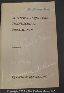 Lot 25.  The Rendells, Inc. and Kenneth Rendell Gallery  

Lists. 15 items.  Nos. 1, 3-10, 12-13, 15-18.  Undated, likely 1970s.  Consist of 8.5” x 14” sheets of paper stapled at upper left and folded in half.

Catalogs (numbered). 160 items.  Nos. 1, 3, 4-10, 12, 14, 16-130, 132-156, 158-164, 169 and 197.  Catalog 1 is from 1959 (according to his website) and catalog 197 from 1991 (from copyright designation in the catalog). Early catalogs are 8.5”x11” paper sheets stapled at upper left.  

In 1981 two catalogs were issued, without catalog numbers, as two volumes with the same title, namely, “The American Frontier: From the Atlantic to the Pacific.”  These can be found listed on Amazon, eBay and other sites for anywhere from $10 to $40.

In 1982 three catalogs were issued, without catalog numbers, in three volumes with the same title, namely, “The History of Mankind.”

Kenneth W. Rendell Gallery.  10 items.  Nos. 300-305, 307-310.  Catalogs are not dated.  An internet search on August