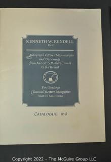 Lot 25.  The Rendells, Inc. and Kenneth Rendell Gallery  

Lists. 15 items.  Nos. 1, 3-10, 12-13, 15-18.  Undated, likely 1970s.  Consist of 8.5” x 14” sheets of paper stapled at upper left and folded in half.

Catalogs (numbered). 160 items.  Nos. 1, 3, 4-10, 12, 14, 16-130, 132-156, 158-164, 169 and 197.  Catalog 1 is from 1959 (according to his website) and catalog 197 from 1991 (from copyright designation in the catalog). Early catalogs are 8.5”x11” paper sheets stapled at upper left.  

In 1981 two catalogs were issued, without catalog numbers, as two volumes with the same title, namely, “The American Frontier: From the Atlantic to the Pacific.”  These can be found listed on Amazon, eBay and other sites for anywhere from $10 to $40.

In 1982 three catalogs were issued, without catalog numbers, in three volumes with the same title, namely, “The History of Mankind.”

Kenneth W. Rendell Gallery.  10 items.  Nos. 300-305, 307-310.  Catalogs are not dated.  An internet search on August