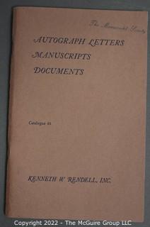Lot 25.  The Rendells, Inc. and Kenneth Rendell Gallery  

Lists. 15 items.  Nos. 1, 3-10, 12-13, 15-18.  Undated, likely 1970s.  Consist of 8.5” x 14” sheets of paper stapled at upper left and folded in half.

Catalogs (numbered). 160 items.  Nos. 1, 3, 4-10, 12, 14, 16-130, 132-156, 158-164, 169 and 197.  Catalog 1 is from 1959 (according to his website) and catalog 197 from 1991 (from copyright designation in the catalog). Early catalogs are 8.5”x11” paper sheets stapled at upper left.  

In 1981 two catalogs were issued, without catalog numbers, as two volumes with the same title, namely, “The American Frontier: From the Atlantic to the Pacific.”  These can be found listed on Amazon, eBay and other sites for anywhere from $10 to $40.

In 1982 three catalogs were issued, without catalog numbers, in three volumes with the same title, namely, “The History of Mankind.”

Kenneth W. Rendell Gallery.  10 items.  Nos. 300-305, 307-310.  Catalogs are not dated.  An internet search on August