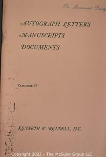 Lot 25.  The Rendells, Inc. and Kenneth Rendell Gallery  

Lists. 15 items.  Nos. 1, 3-10, 12-13, 15-18.  Undated, likely 1970s.  Consist of 8.5” x 14” sheets of paper stapled at upper left and folded in half.

Catalogs (numbered). 160 items.  Nos. 1, 3, 4-10, 12, 14, 16-130, 132-156, 158-164, 169 and 197.  Catalog 1 is from 1959 (according to his website) and catalog 197 from 1991 (from copyright designation in the catalog). Early catalogs are 8.5”x11” paper sheets stapled at upper left.  

In 1981 two catalogs were issued, without catalog numbers, as two volumes with the same title, namely, “The American Frontier: From the Atlantic to the Pacific.”  These can be found listed on Amazon, eBay and other sites for anywhere from $10 to $40.

In 1982 three catalogs were issued, without catalog numbers, in three volumes with the same title, namely, “The History of Mankind.”

Kenneth W. Rendell Gallery.  10 items.  Nos. 300-305, 307-310.  Catalogs are not dated.  An internet search on August