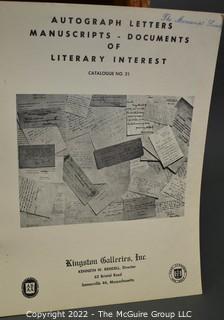 Lot 25.  The Rendells, Inc. and Kenneth Rendell Gallery  

Lists. 15 items.  Nos. 1, 3-10, 12-13, 15-18.  Undated, likely 1970s.  Consist of 8.5” x 14” sheets of paper stapled at upper left and folded in half.

Catalogs (numbered). 160 items.  Nos. 1, 3, 4-10, 12, 14, 16-130, 132-156, 158-164, 169 and 197.  Catalog 1 is from 1959 (according to his website) and catalog 197 from 1991 (from copyright designation in the catalog). Early catalogs are 8.5”x11” paper sheets stapled at upper left.  

In 1981 two catalogs were issued, without catalog numbers, as two volumes with the same title, namely, “The American Frontier: From the Atlantic to the Pacific.”  These can be found listed on Amazon, eBay and other sites for anywhere from $10 to $40.

In 1982 three catalogs were issued, without catalog numbers, in three volumes with the same title, namely, “The History of Mankind.”

Kenneth W. Rendell Gallery.  10 items.  Nos. 300-305, 307-310.  Catalogs are not dated.  An internet search on August