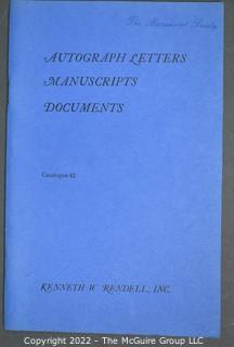 Lot 25.  The Rendells, Inc. and Kenneth Rendell Gallery  

Lists. 15 items.  Nos. 1, 3-10, 12-13, 15-18.  Undated, likely 1970s.  Consist of 8.5” x 14” sheets of paper stapled at upper left and folded in half.

Catalogs (numbered). 160 items.  Nos. 1, 3, 4-10, 12, 14, 16-130, 132-156, 158-164, 169 and 197.  Catalog 1 is from 1959 (according to his website) and catalog 197 from 1991 (from copyright designation in the catalog). Early catalogs are 8.5”x11” paper sheets stapled at upper left.  

In 1981 two catalogs were issued, without catalog numbers, as two volumes with the same title, namely, “The American Frontier: From the Atlantic to the Pacific.”  These can be found listed on Amazon, eBay and other sites for anywhere from $10 to $40.

In 1982 three catalogs were issued, without catalog numbers, in three volumes with the same title, namely, “The History of Mankind.”

Kenneth W. Rendell Gallery.  10 items.  Nos. 300-305, 307-310.  Catalogs are not dated.  An internet search on August