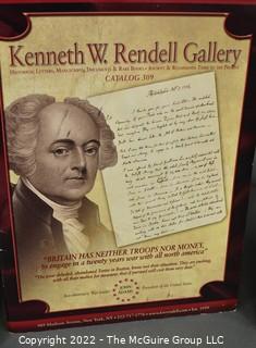 Lot 25.  The Rendells, Inc. and Kenneth Rendell Gallery  

Lists. 15 items.  Nos. 1, 3-10, 12-13, 15-18.  Undated, likely 1970s.  Consist of 8.5” x 14” sheets of paper stapled at upper left and folded in half.

Catalogs (numbered). 160 items.  Nos. 1, 3, 4-10, 12, 14, 16-130, 132-156, 158-164, 169 and 197.  Catalog 1 is from 1959 (according to his website) and catalog 197 from 1991 (from copyright designation in the catalog). Early catalogs are 8.5”x11” paper sheets stapled at upper left.  

In 1981 two catalogs were issued, without catalog numbers, as two volumes with the same title, namely, “The American Frontier: From the Atlantic to the Pacific.”  These can be found listed on Amazon, eBay and other sites for anywhere from $10 to $40.

In 1982 three catalogs were issued, without catalog numbers, in three volumes with the same title, namely, “The History of Mankind.”

Kenneth W. Rendell Gallery.  10 items.  Nos. 300-305, 307-310.  Catalogs are not dated.  An internet search on August