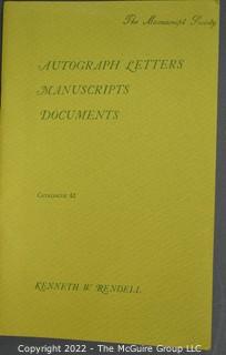 Lot 25.  The Rendells, Inc. and Kenneth Rendell Gallery  

Lists. 15 items.  Nos. 1, 3-10, 12-13, 15-18.  Undated, likely 1970s.  Consist of 8.5” x 14” sheets of paper stapled at upper left and folded in half.

Catalogs (numbered). 160 items.  Nos. 1, 3, 4-10, 12, 14, 16-130, 132-156, 158-164, 169 and 197.  Catalog 1 is from 1959 (according to his website) and catalog 197 from 1991 (from copyright designation in the catalog). Early catalogs are 8.5”x11” paper sheets stapled at upper left.  

In 1981 two catalogs were issued, without catalog numbers, as two volumes with the same title, namely, “The American Frontier: From the Atlantic to the Pacific.”  These can be found listed on Amazon, eBay and other sites for anywhere from $10 to $40.

In 1982 three catalogs were issued, without catalog numbers, in three volumes with the same title, namely, “The History of Mankind.”

Kenneth W. Rendell Gallery.  10 items.  Nos. 300-305, 307-310.  Catalogs are not dated.  An internet search on August
