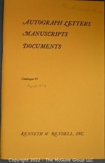Lot 25.  The Rendells, Inc. and Kenneth Rendell Gallery  

Lists. 15 items.  Nos. 1, 3-10, 12-13, 15-18.  Undated, likely 1970s.  Consist of 8.5” x 14” sheets of paper stapled at upper left and folded in half.

Catalogs (numbered). 160 items.  Nos. 1, 3, 4-10, 12, 14, 16-130, 132-156, 158-164, 169 and 197.  Catalog 1 is from 1959 (according to his website) and catalog 197 from 1991 (from copyright designation in the catalog). Early catalogs are 8.5”x11” paper sheets stapled at upper left.  

In 1981 two catalogs were issued, without catalog numbers, as two volumes with the same title, namely, “The American Frontier: From the Atlantic to the Pacific.”  These can be found listed on Amazon, eBay and other sites for anywhere from $10 to $40.

In 1982 three catalogs were issued, without catalog numbers, in three volumes with the same title, namely, “The History of Mankind.”

Kenneth W. Rendell Gallery.  10 items.  Nos. 300-305, 307-310.  Catalogs are not dated.  An internet search on August