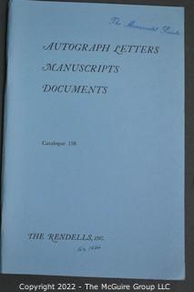 Lot 25.  The Rendells, Inc. and Kenneth Rendell Gallery  

Lists. 15 items.  Nos. 1, 3-10, 12-13, 15-18.  Undated, likely 1970s.  Consist of 8.5” x 14” sheets of paper stapled at upper left and folded in half.

Catalogs (numbered). 160 items.  Nos. 1, 3, 4-10, 12, 14, 16-130, 132-156, 158-164, 169 and 197.  Catalog 1 is from 1959 (according to his website) and catalog 197 from 1991 (from copyright designation in the catalog). Early catalogs are 8.5”x11” paper sheets stapled at upper left.  

In 1981 two catalogs were issued, without catalog numbers, as two volumes with the same title, namely, “The American Frontier: From the Atlantic to the Pacific.”  These can be found listed on Amazon, eBay and other sites for anywhere from $10 to $40.

In 1982 three catalogs were issued, without catalog numbers, in three volumes with the same title, namely, “The History of Mankind.”

Kenneth W. Rendell Gallery.  10 items.  Nos. 300-305, 307-310.  Catalogs are not dated.  An internet search on August