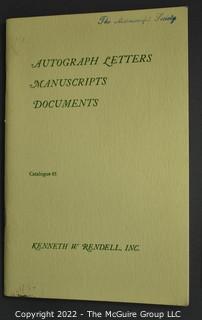 Lot 25.  The Rendells, Inc. and Kenneth Rendell Gallery  

Lists. 15 items.  Nos. 1, 3-10, 12-13, 15-18.  Undated, likely 1970s.  Consist of 8.5” x 14” sheets of paper stapled at upper left and folded in half.

Catalogs (numbered). 160 items.  Nos. 1, 3, 4-10, 12, 14, 16-130, 132-156, 158-164, 169 and 197.  Catalog 1 is from 1959 (according to his website) and catalog 197 from 1991 (from copyright designation in the catalog). Early catalogs are 8.5”x11” paper sheets stapled at upper left.  

In 1981 two catalogs were issued, without catalog numbers, as two volumes with the same title, namely, “The American Frontier: From the Atlantic to the Pacific.”  These can be found listed on Amazon, eBay and other sites for anywhere from $10 to $40.

In 1982 three catalogs were issued, without catalog numbers, in three volumes with the same title, namely, “The History of Mankind.”

Kenneth W. Rendell Gallery.  10 items.  Nos. 300-305, 307-310.  Catalogs are not dated.  An internet search on August