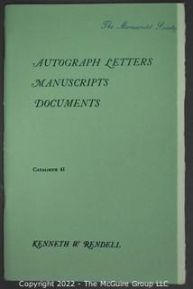 Lot 25.  The Rendells, Inc. and Kenneth Rendell Gallery  

Lists. 15 items.  Nos. 1, 3-10, 12-13, 15-18.  Undated, likely 1970s.  Consist of 8.5” x 14” sheets of paper stapled at upper left and folded in half.

Catalogs (numbered). 160 items.  Nos. 1, 3, 4-10, 12, 14, 16-130, 132-156, 158-164, 169 and 197.  Catalog 1 is from 1959 (according to his website) and catalog 197 from 1991 (from copyright designation in the catalog). Early catalogs are 8.5”x11” paper sheets stapled at upper left.  

In 1981 two catalogs were issued, without catalog numbers, as two volumes with the same title, namely, “The American Frontier: From the Atlantic to the Pacific.”  These can be found listed on Amazon, eBay and other sites for anywhere from $10 to $40.

In 1982 three catalogs were issued, without catalog numbers, in three volumes with the same title, namely, “The History of Mankind.”

Kenneth W. Rendell Gallery.  10 items.  Nos. 300-305, 307-310.  Catalogs are not dated.  An internet search on August