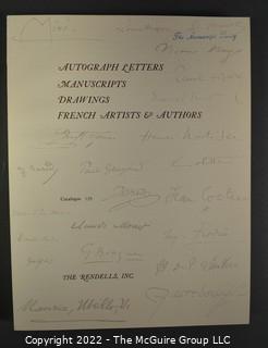 Lot 25.  The Rendells, Inc. and Kenneth Rendell Gallery  

Lists. 15 items.  Nos. 1, 3-10, 12-13, 15-18.  Undated, likely 1970s.  Consist of 8.5” x 14” sheets of paper stapled at upper left and folded in half.

Catalogs (numbered). 160 items.  Nos. 1, 3, 4-10, 12, 14, 16-130, 132-156, 158-164, 169 and 197.  Catalog 1 is from 1959 (according to his website) and catalog 197 from 1991 (from copyright designation in the catalog). Early catalogs are 8.5”x11” paper sheets stapled at upper left.  

In 1981 two catalogs were issued, without catalog numbers, as two volumes with the same title, namely, “The American Frontier: From the Atlantic to the Pacific.”  These can be found listed on Amazon, eBay and other sites for anywhere from $10 to $40.

In 1982 three catalogs were issued, without catalog numbers, in three volumes with the same title, namely, “The History of Mankind.”

Kenneth W. Rendell Gallery.  10 items.  Nos. 300-305, 307-310.  Catalogs are not dated.  An internet search on August