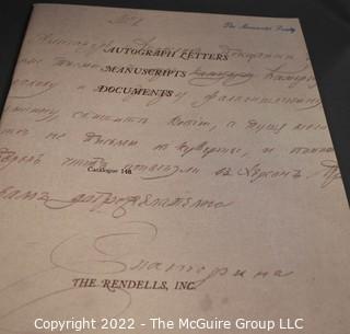 Lot 25.  The Rendells, Inc. and Kenneth Rendell Gallery  

Lists. 15 items.  Nos. 1, 3-10, 12-13, 15-18.  Undated, likely 1970s.  Consist of 8.5” x 14” sheets of paper stapled at upper left and folded in half.

Catalogs (numbered). 160 items.  Nos. 1, 3, 4-10, 12, 14, 16-130, 132-156, 158-164, 169 and 197.  Catalog 1 is from 1959 (according to his website) and catalog 197 from 1991 (from copyright designation in the catalog). Early catalogs are 8.5”x11” paper sheets stapled at upper left.  

In 1981 two catalogs were issued, without catalog numbers, as two volumes with the same title, namely, “The American Frontier: From the Atlantic to the Pacific.”  These can be found listed on Amazon, eBay and other sites for anywhere from $10 to $40.

In 1982 three catalogs were issued, without catalog numbers, in three volumes with the same title, namely, “The History of Mankind.”

Kenneth W. Rendell Gallery.  10 items.  Nos. 300-305, 307-310.  Catalogs are not dated.  An internet search on August