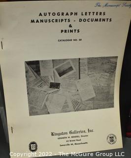 Lot 25.  The Rendells, Inc. and Kenneth Rendell Gallery  

Lists. 15 items.  Nos. 1, 3-10, 12-13, 15-18.  Undated, likely 1970s.  Consist of 8.5” x 14” sheets of paper stapled at upper left and folded in half.

Catalogs (numbered). 160 items.  Nos. 1, 3, 4-10, 12, 14, 16-130, 132-156, 158-164, 169 and 197.  Catalog 1 is from 1959 (according to his website) and catalog 197 from 1991 (from copyright designation in the catalog). Early catalogs are 8.5”x11” paper sheets stapled at upper left.  

In 1981 two catalogs were issued, without catalog numbers, as two volumes with the same title, namely, “The American Frontier: From the Atlantic to the Pacific.”  These can be found listed on Amazon, eBay and other sites for anywhere from $10 to $40.

In 1982 three catalogs were issued, without catalog numbers, in three volumes with the same title, namely, “The History of Mankind.”

Kenneth W. Rendell Gallery.  10 items.  Nos. 300-305, 307-310.  Catalogs are not dated.  An internet search on August