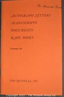 Lot 25.  The Rendells, Inc. and Kenneth Rendell Gallery  

Lists. 15 items.  Nos. 1, 3-10, 12-13, 15-18.  Undated, likely 1970s.  Consist of 8.5” x 14” sheets of paper stapled at upper left and folded in half.

Catalogs (numbered). 160 items.  Nos. 1, 3, 4-10, 12, 14, 16-130, 132-156, 158-164, 169 and 197.  Catalog 1 is from 1959 (according to his website) and catalog 197 from 1991 (from copyright designation in the catalog). Early catalogs are 8.5”x11” paper sheets stapled at upper left.  

In 1981 two catalogs were issued, without catalog numbers, as two volumes with the same title, namely, “The American Frontier: From the Atlantic to the Pacific.”  These can be found listed on Amazon, eBay and other sites for anywhere from $10 to $40.

In 1982 three catalogs were issued, without catalog numbers, in three volumes with the same title, namely, “The History of Mankind.”

Kenneth W. Rendell Gallery.  10 items.  Nos. 300-305, 307-310.  Catalogs are not dated.  An internet search on August