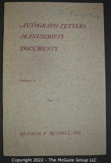 Lot 25.  The Rendells, Inc. and Kenneth Rendell Gallery  

Lists. 15 items.  Nos. 1, 3-10, 12-13, 15-18.  Undated, likely 1970s.  Consist of 8.5” x 14” sheets of paper stapled at upper left and folded in half.

Catalogs (numbered). 160 items.  Nos. 1, 3, 4-10, 12, 14, 16-130, 132-156, 158-164, 169 and 197.  Catalog 1 is from 1959 (according to his website) and catalog 197 from 1991 (from copyright designation in the catalog). Early catalogs are 8.5”x11” paper sheets stapled at upper left.  

In 1981 two catalogs were issued, without catalog numbers, as two volumes with the same title, namely, “The American Frontier: From the Atlantic to the Pacific.”  These can be found listed on Amazon, eBay and other sites for anywhere from $10 to $40.

In 1982 three catalogs were issued, without catalog numbers, in three volumes with the same title, namely, “The History of Mankind.”

Kenneth W. Rendell Gallery.  10 items.  Nos. 300-305, 307-310.  Catalogs are not dated.  An internet search on August