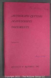 Lot 25.  The Rendells, Inc. and Kenneth Rendell Gallery  

Lists. 15 items.  Nos. 1, 3-10, 12-13, 15-18.  Undated, likely 1970s.  Consist of 8.5” x 14” sheets of paper stapled at upper left and folded in half.

Catalogs (numbered). 160 items.  Nos. 1, 3, 4-10, 12, 14, 16-130, 132-156, 158-164, 169 and 197.  Catalog 1 is from 1959 (according to his website) and catalog 197 from 1991 (from copyright designation in the catalog). Early catalogs are 8.5”x11” paper sheets stapled at upper left.  

In 1981 two catalogs were issued, without catalog numbers, as two volumes with the same title, namely, “The American Frontier: From the Atlantic to the Pacific.”  These can be found listed on Amazon, eBay and other sites for anywhere from $10 to $40.

In 1982 three catalogs were issued, without catalog numbers, in three volumes with the same title, namely, “The History of Mankind.”

Kenneth W. Rendell Gallery.  10 items.  Nos. 300-305, 307-310.  Catalogs are not dated.  An internet search on August