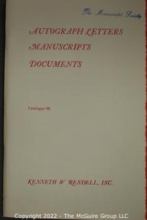 Lot 25.  The Rendells, Inc. and Kenneth Rendell Gallery  

Lists. 15 items.  Nos. 1, 3-10, 12-13, 15-18.  Undated, likely 1970s.  Consist of 8.5” x 14” sheets of paper stapled at upper left and folded in half.

Catalogs (numbered). 160 items.  Nos. 1, 3, 4-10, 12, 14, 16-130, 132-156, 158-164, 169 and 197.  Catalog 1 is from 1959 (according to his website) and catalog 197 from 1991 (from copyright designation in the catalog). Early catalogs are 8.5”x11” paper sheets stapled at upper left.  

In 1981 two catalogs were issued, without catalog numbers, as two volumes with the same title, namely, “The American Frontier: From the Atlantic to the Pacific.”  These can be found listed on Amazon, eBay and other sites for anywhere from $10 to $40.

In 1982 three catalogs were issued, without catalog numbers, in three volumes with the same title, namely, “The History of Mankind.”

Kenneth W. Rendell Gallery.  10 items.  Nos. 300-305, 307-310.  Catalogs are not dated.  An internet search on August